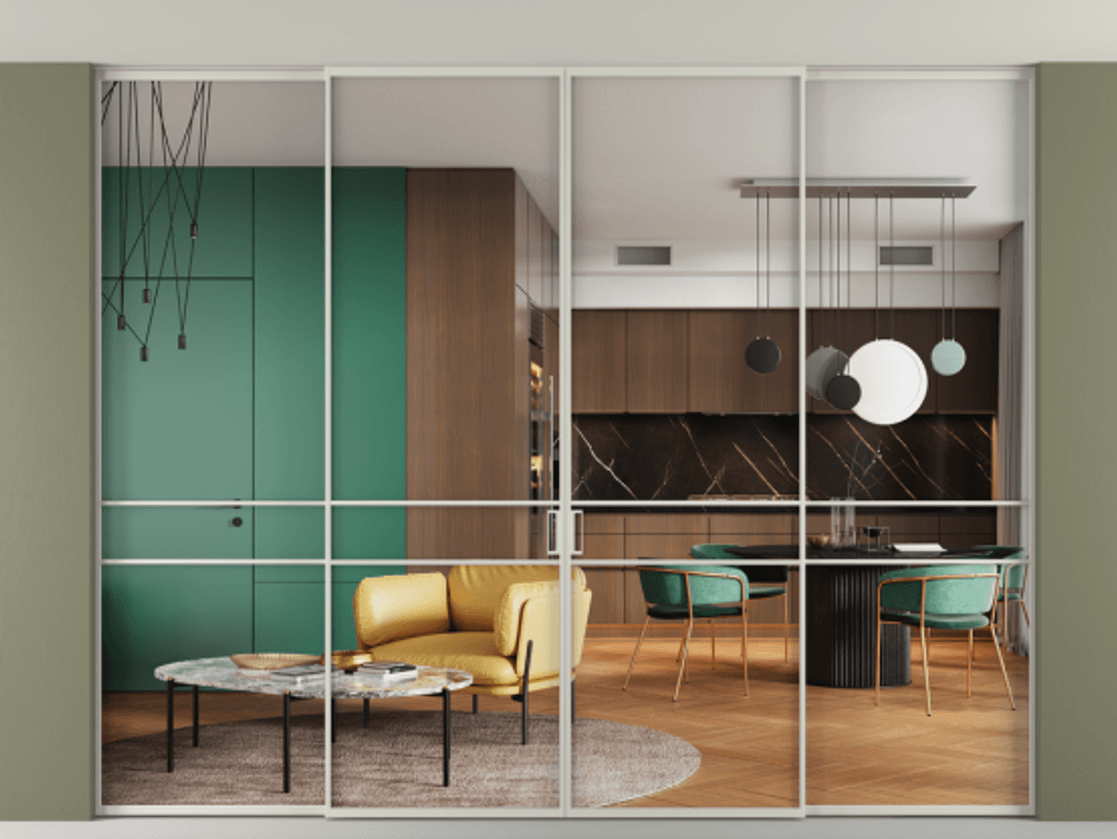 Перегородка Formato внутри проёма скрытое крепление в потолок 4 створки АЛПР 040.02 Алюминий тёплый серый Прозрачное стекло "Crystal Vision", калёное Цена 28940 AZE | Volhovec