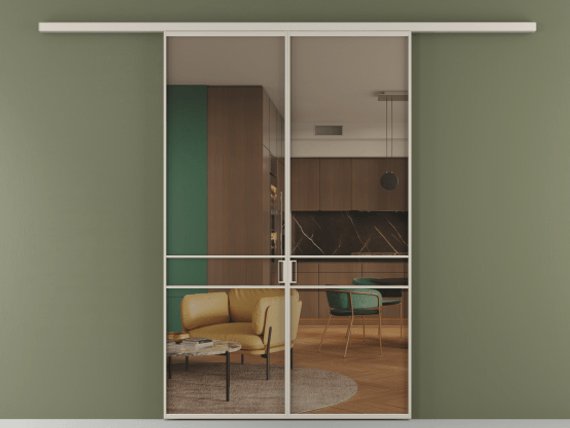 Перегородка Формато вдоль стены 2 створки АЛПР 040.02 Алюминий светло-бежевый Прозрачное бронзовое стекло, триплекс Цена 10190 AZE | Volhovec