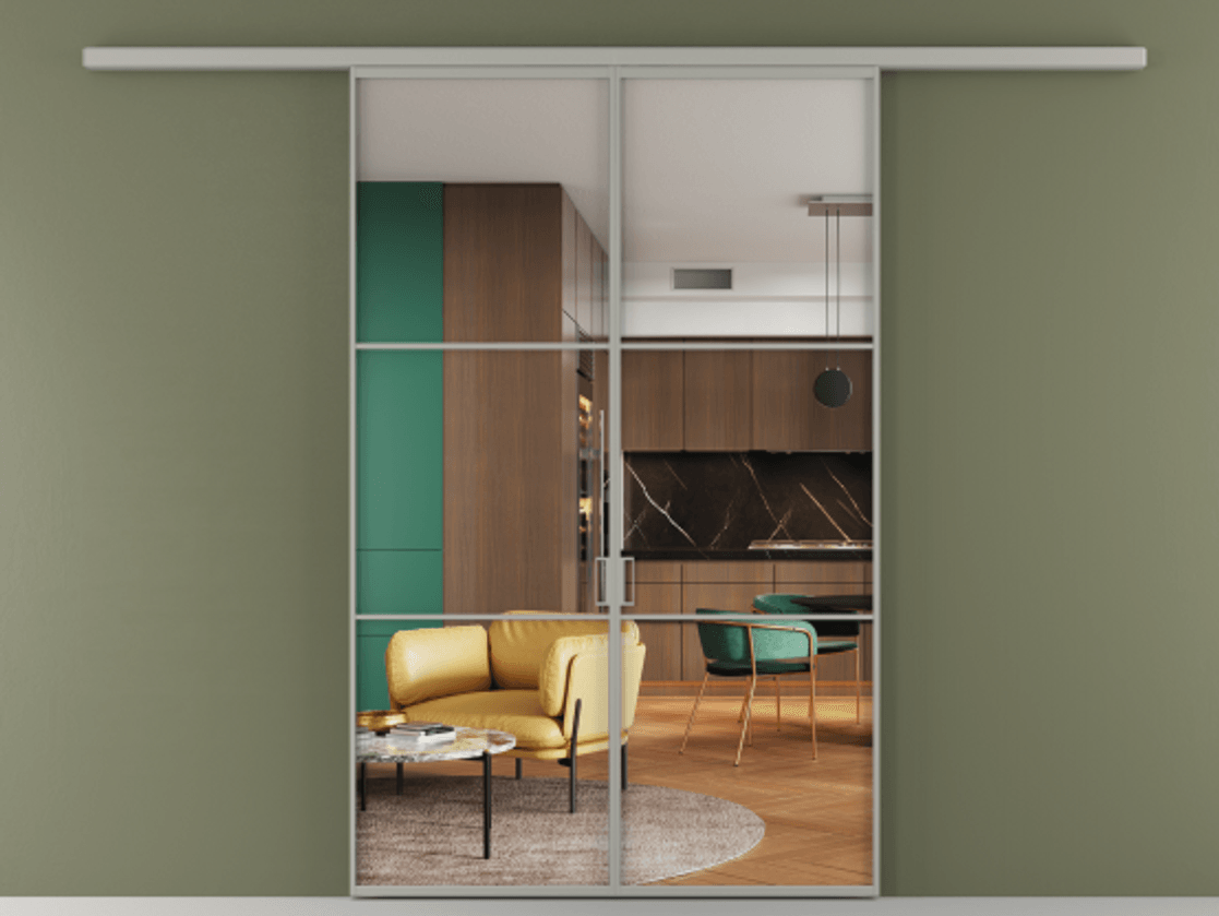 Перегородка Formato вдоль стены 2 створки АЛПР 040.03 Алюминий нейтральный серый Прозрачное стекло "Crystal Vision", калёное Цена 12980 AZE | Volhovec