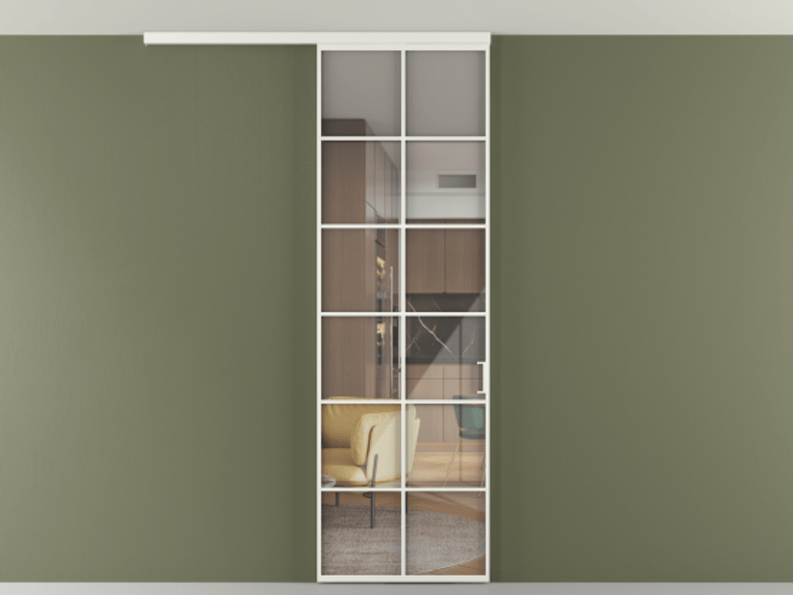 Перегородка Формато вдоль стены на потолок 1 створка АЛПР 040.05 Алюминий светло-серый Рефлективное прозрачное стекло "Стопсол", калёное Цена 6990 AZE | Volhovec