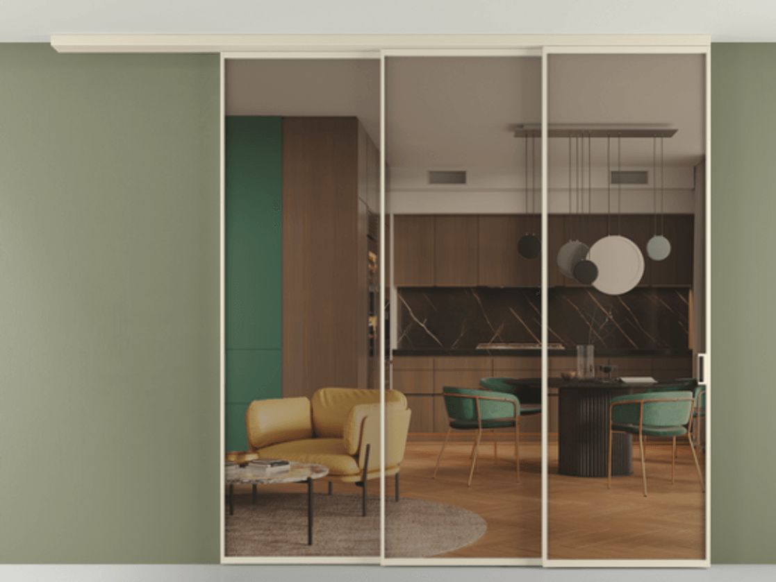 Перегородка Формато вдоль стены на потолок 3 створки с синхронным механизмом АЛПР 040.01 Алюминий бежево-серый Прозрачное бронзовое стекло, триплекс Цена 19920 AZE | Volhovec