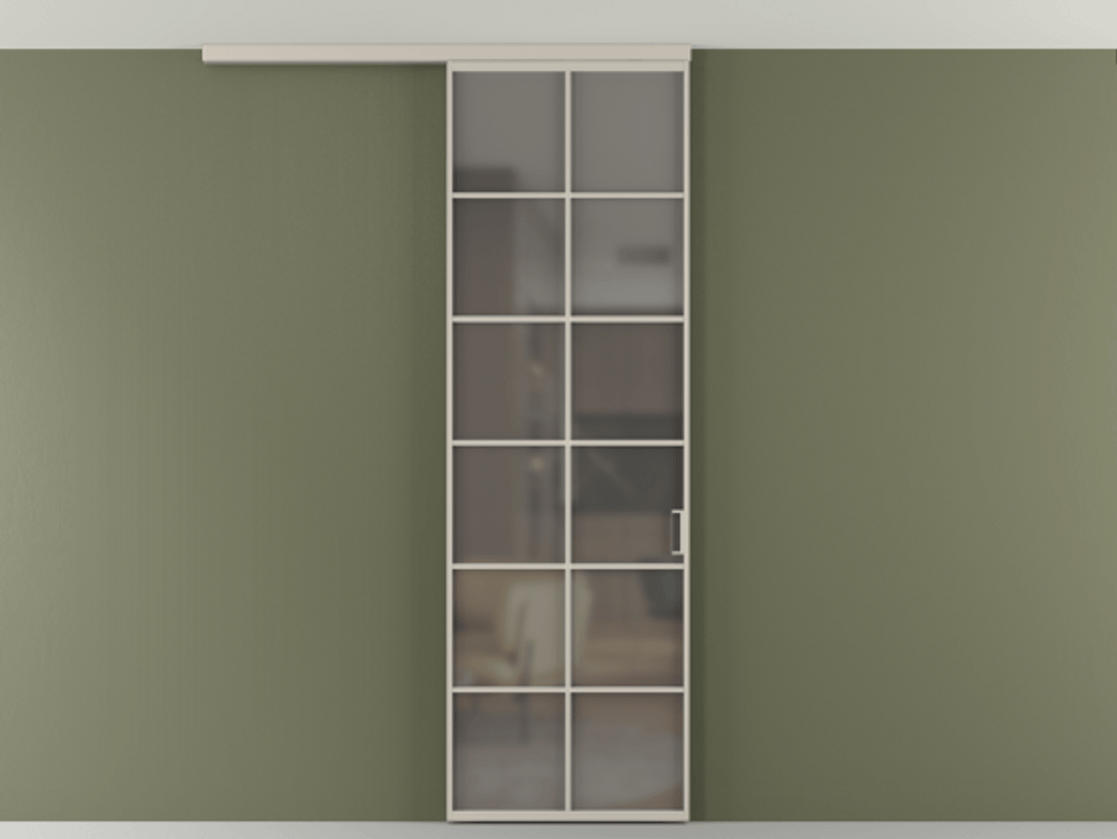 Перегородка Формато вдоль стены на потолок 1 створка АЛПР 040.05 Алюминий светло-бежевый Сатинированное серое стекло, триплекс Цена 5620 AZE | Volhovec