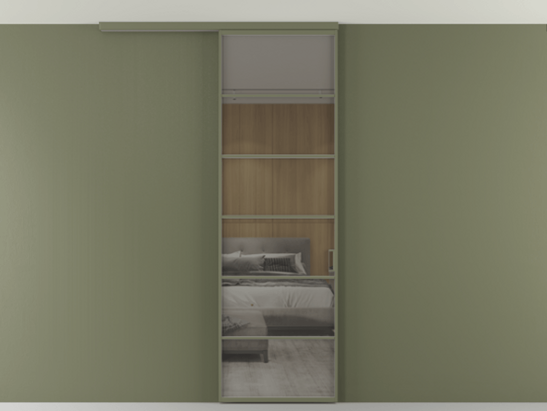 Перегородка Формато вдоль стены на потолок 1 створка АЛПР 040.04 Алюминий оливковый тёмный Рефлективное серое стекло "Стопсол", калёное Цена 5960 AZE | Volhovec