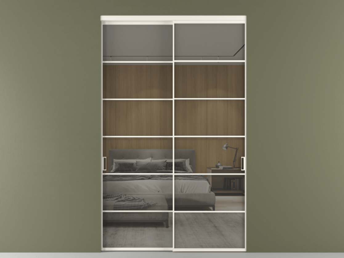 Перегородка Формато внутри проёма 2 створки АЛПР 040.04 Алюминий пудровый белый Рефлективное серое стекло "Стопсол", калёное Цена 25740 AZE  | Volhovec