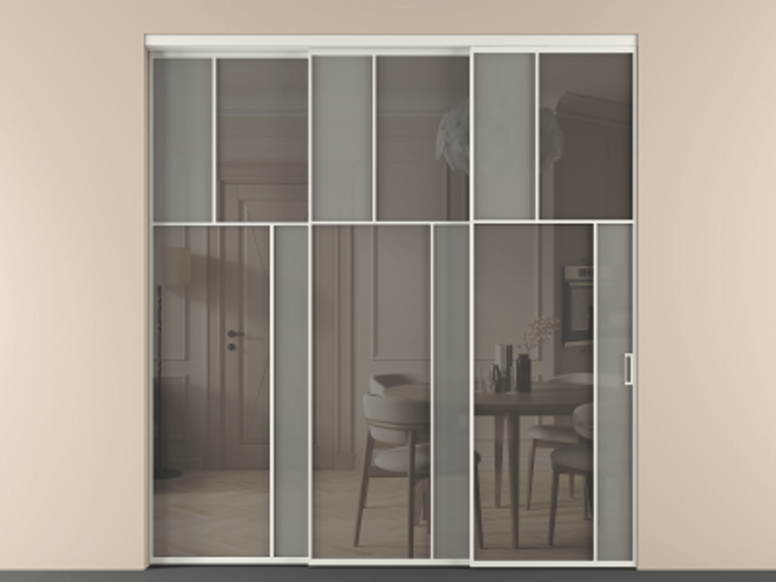 Перегородка Мозаик внутри проёма 3 створки с синхронным механизмом АЛПР 041.23 Алюминий серый Сатинированное серое стекло, триплекс, 6 мм + Прозрачное серое стекло, триплекс Цена 22800 AZE | Volhovec