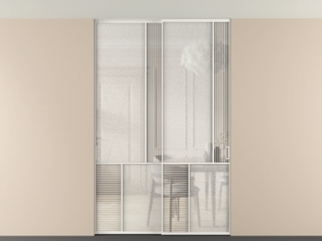 Перегородка Мозаик внутри проёма скрытое крепление в потолок 2 створки АЛПР 041.21 Алюминий светло-серый Рифлёное стекло "Дюна", триплекс, 6 мм + Фактурное стекло "Лёд", триплекс Цена 17750 AZE | Volhovec