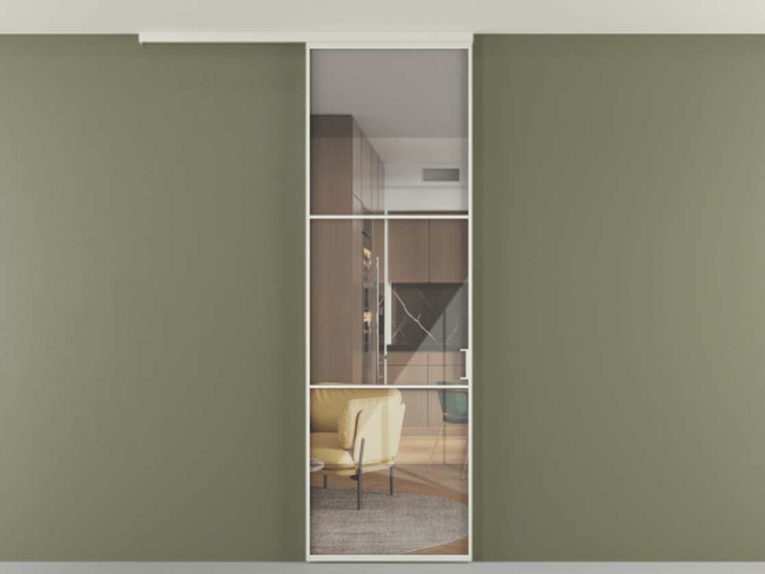 Перегородка Формато вдоль стены на потолок 1 створка АЛПР 040.03 Алюминий Белый Рефлективное прозрачное стекло "Стопсол", калёное Цена 6300 AZE | Volhovec