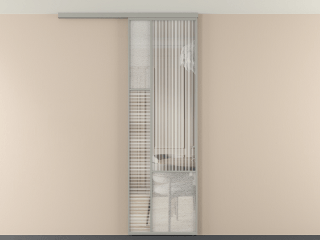 Перегородка Мозаик вдоль стены на потолок 1 створка АЛПР 041.13 Алюминий нейтральный серый Рифлёное стекло "Дюна", триплекс, 6 мм + Фактурное стекло "Лёд", триплекс Цена 7460 AZE | Volhovec