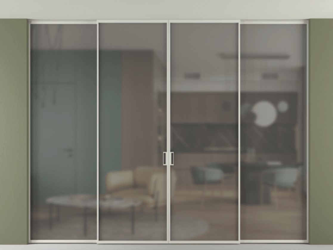 Перегородка Formato внутри проёма скрытое крепление в потолок 4 створки АЛПР 040.01 Алюминий тёплый серый Сатинированное серое стекло, триплекс Цена 22030 AZE | Volhovec