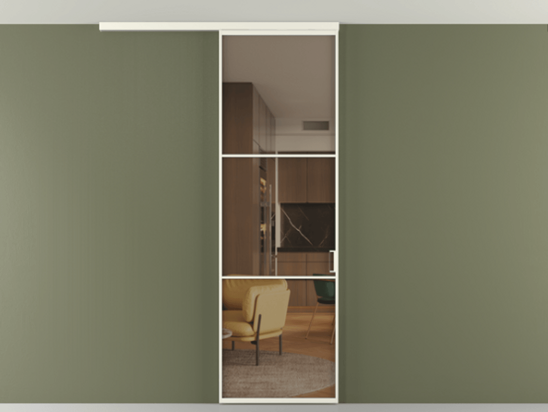 Перегородка Формато вдоль стены на потолок 1 створка АЛПР 040.03 Алюминий жемчужный Прозрачное бронзовое стекло, триплекс Цена 5260 AZE | Volhovec