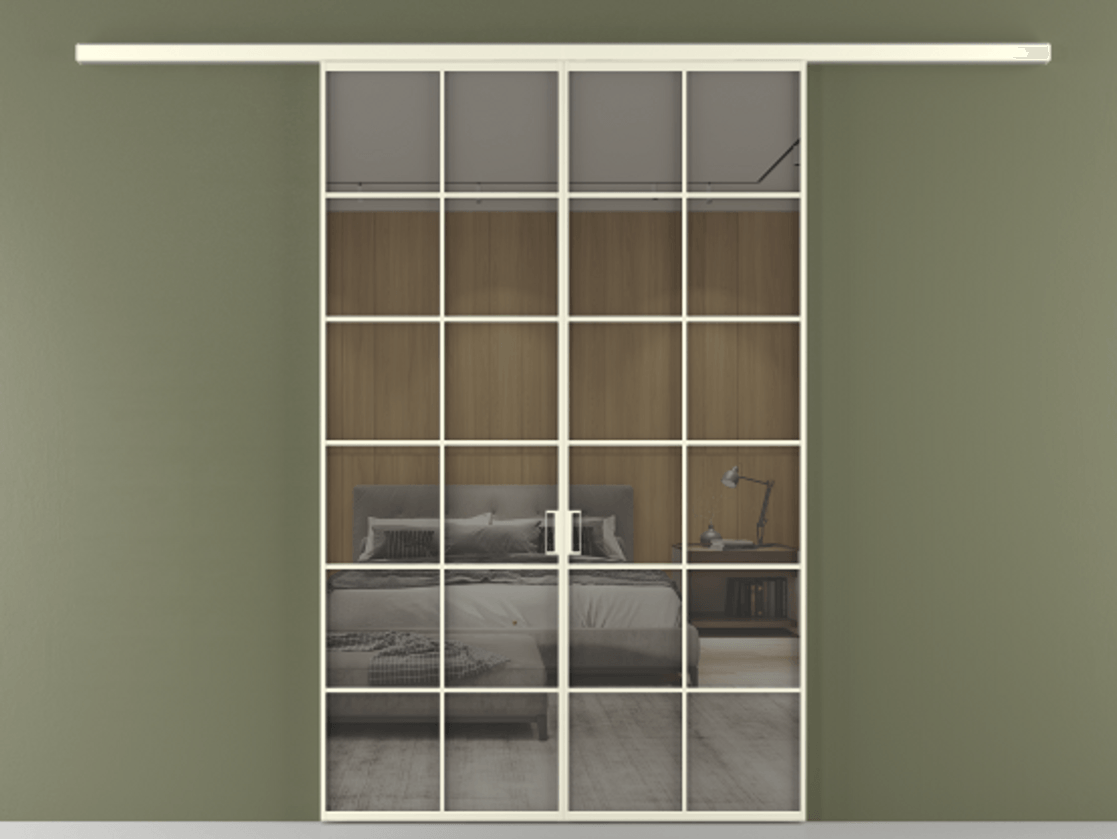 Перегородка Формато вдоль стены 2 створки АЛПР 040.05 Алюминий молочно-белый Рефлективное серое стекло "Стопсол", калёное Цена 13790 AZE | Volhovec