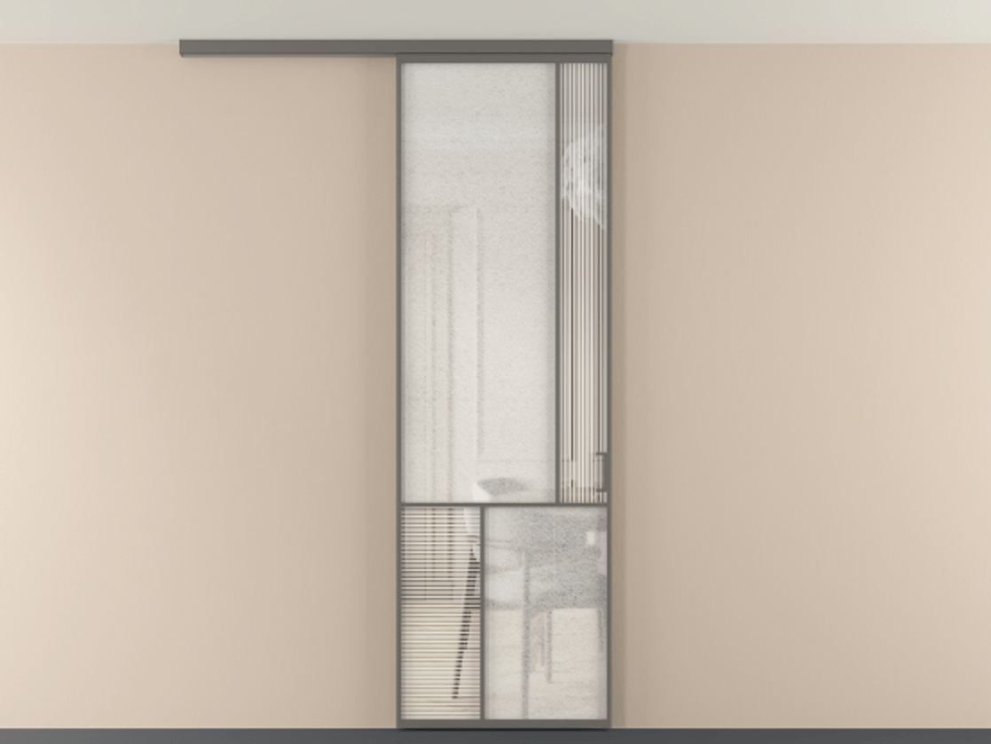 Перегородка Мозаик вдоль стены на потолок 1 створка АЛПР 041.21 Алюминий классический серый Рифлёное стекло "Дюна", триплекс, 6 мм + Фактурное стекло "Лёд", триплекс Цена 7460 AZE | Volhovec