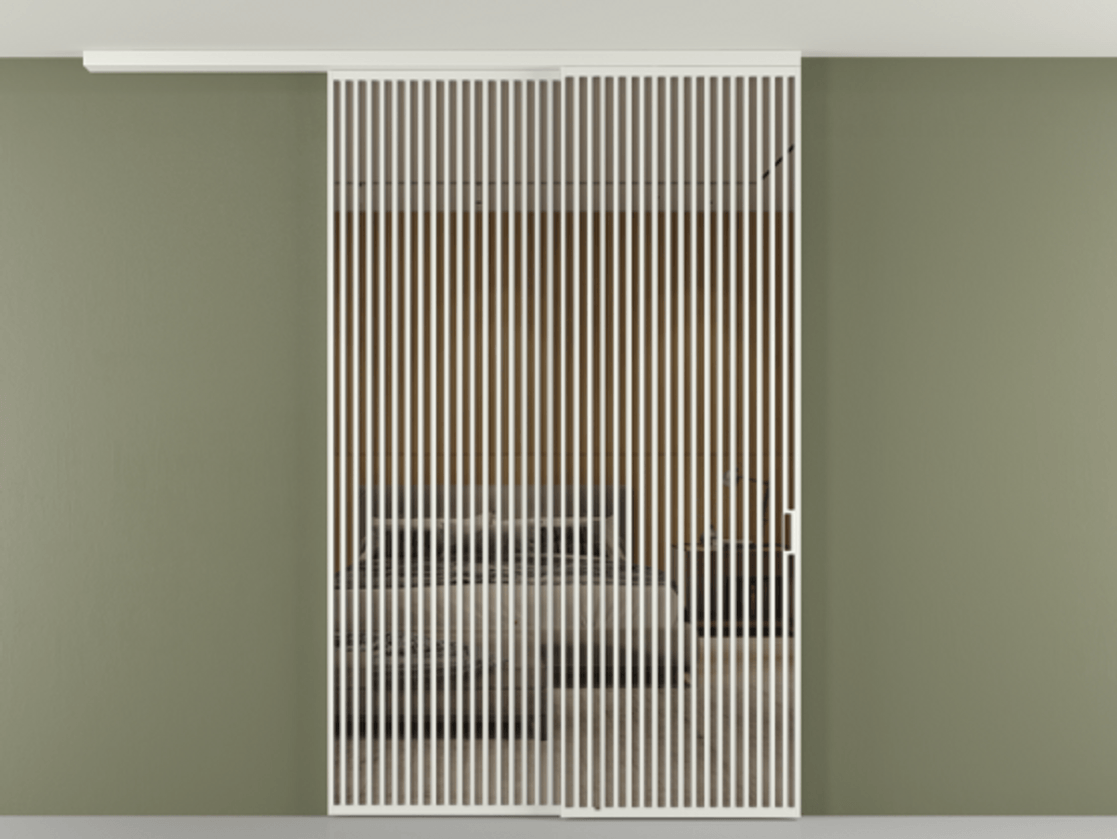 Перегородка Формато вдоль стены на потолок 2 створки с синхронным механизмом АЛПР 040.06 Алюминий светло-серый Рефлективное бронзовое стекло "Стопсол", калёное Цена 28280 AZE | Volhovec