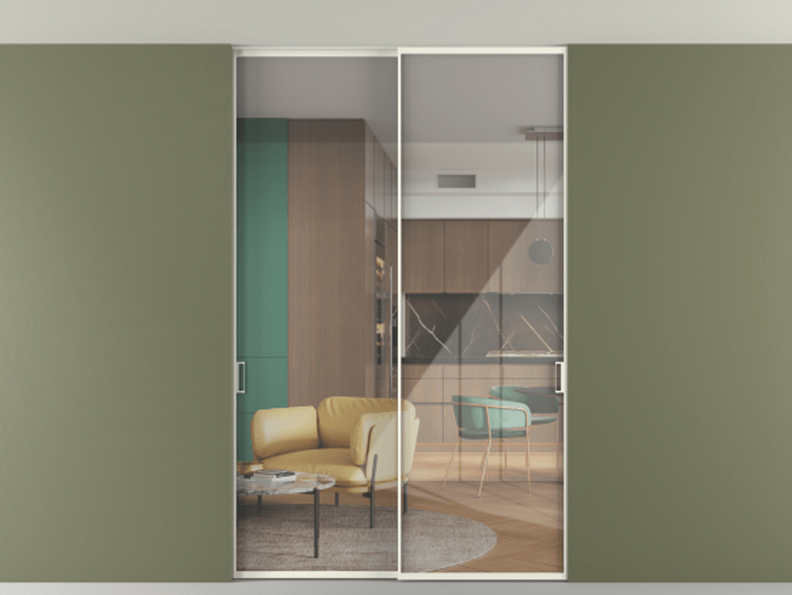 Перегородка Формато внутри проёма скрытое крепление в потолок 2 створки АЛПР 040.01 Алюминий жемчужный Рефлективное прозрачное стекло "Стопсол", калёное Цена 15310 AZE | Volhovec