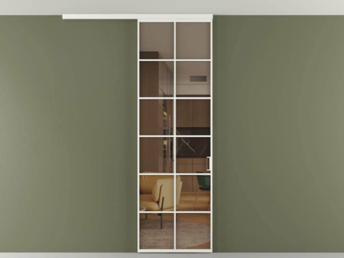 Перегородка Формато вдоль стены на потолок 1 створка АЛПР 040.05 Алюминий светло-серый Прозрачное бронзовое стекло, триплекс Цена 5380 AZE | Volhovec