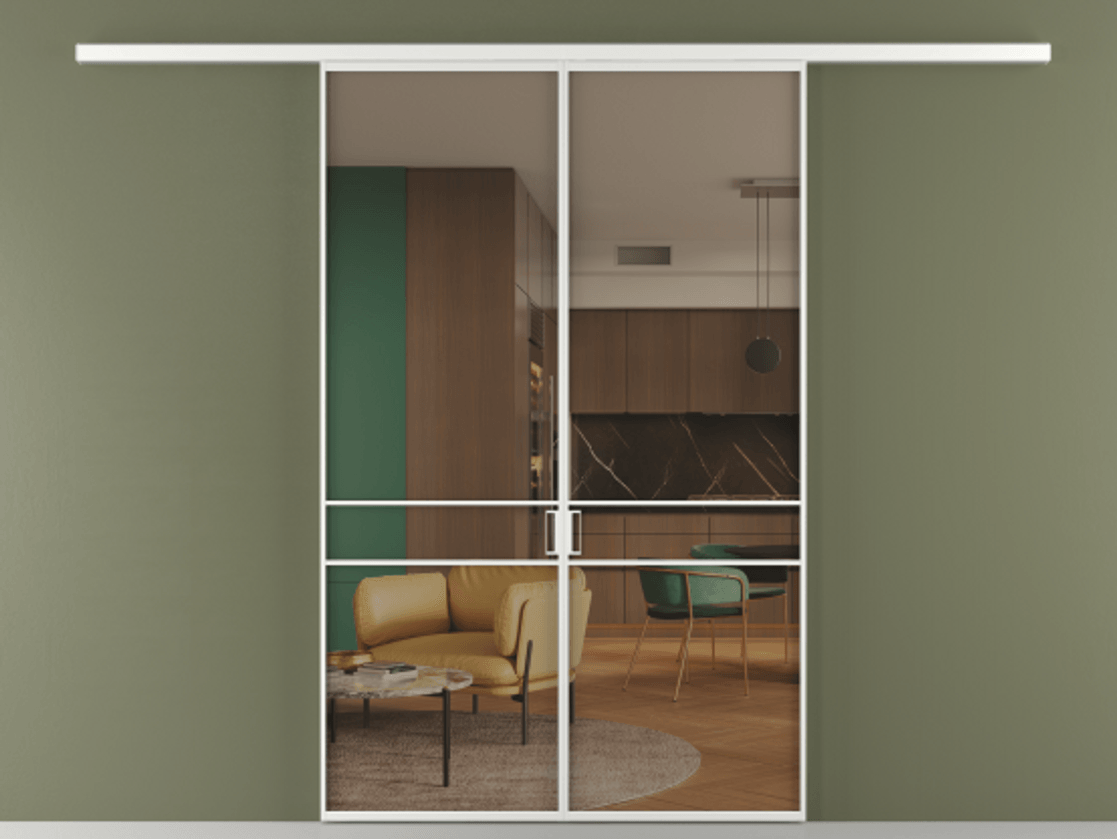 Перегородка Формато вдоль стены 2 створки АЛПР 040.02 Алюминий белоснежный Прозрачное бронзовое стекло, триплекс Цена 10190 AZE | Volhovec