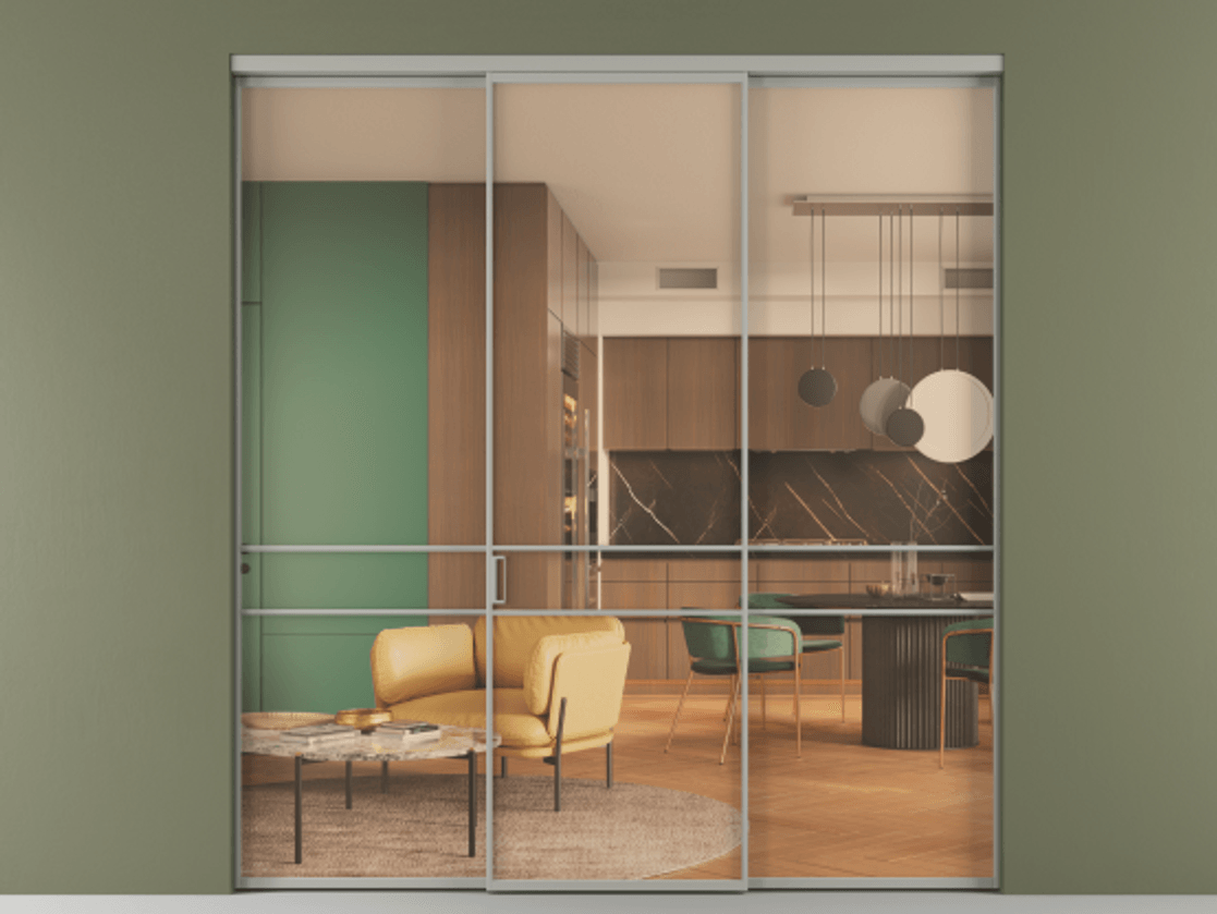 Перегородка Формато внутри проёма 3 створки АЛПР 040.02 Алюминий нейтральный серый Прозрачное оранжевое стекло, триплекс Цена 12400 AZE | Volhovec