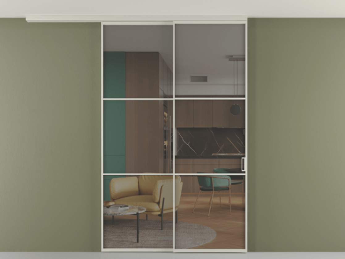 Перегородка Формато вдоль стены на потолок 2 створки с синхронным механизмом АЛПР 040.03 Алюминий тёплый серый Прозрачное серое стекло, триплекс Цена 16210 AZE | Volhovec