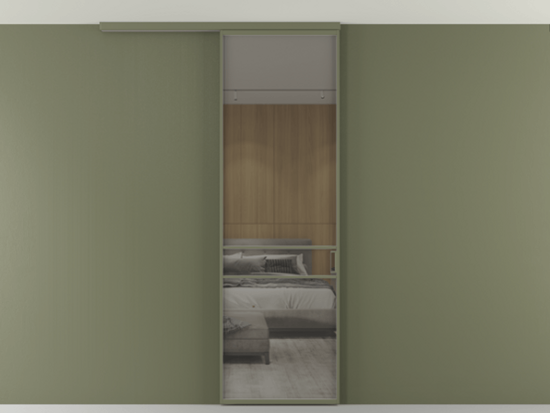 Перегородка Формато вдоль стены на потолок 1 створка АЛПР 040.02 Алюминий оливковый тёмный Рефлективное серое стекло "Стопсол", калёное Цена 6540 AZE | Volhovec