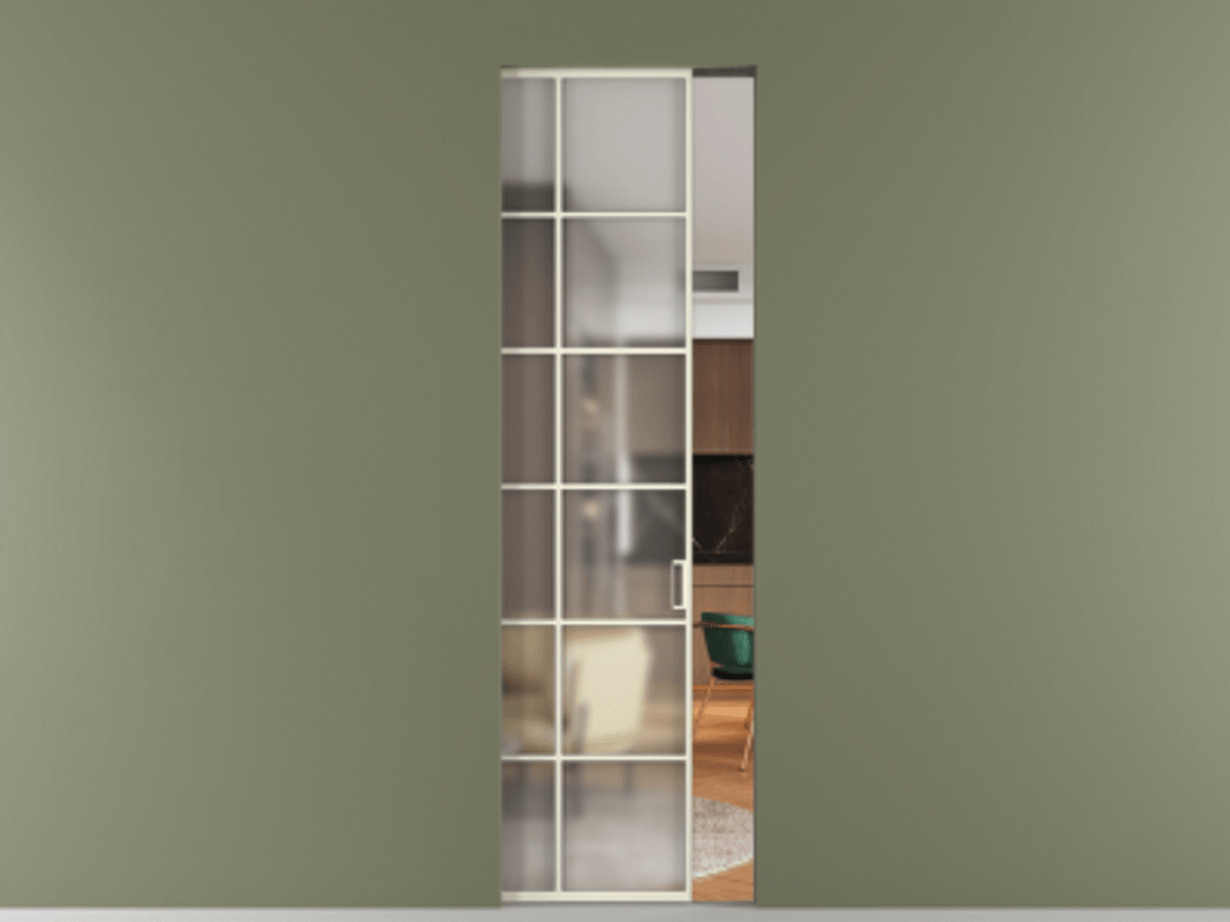 Перегородка Формато скрытый пенал 1 створка АЛПР 040.05 Алюминий молочно-белый Сатинированное стекло "Мателюкс Кристал Вижн", калёное, матовое, каленое 6 мм Цена 8760 AZE | Volhovec