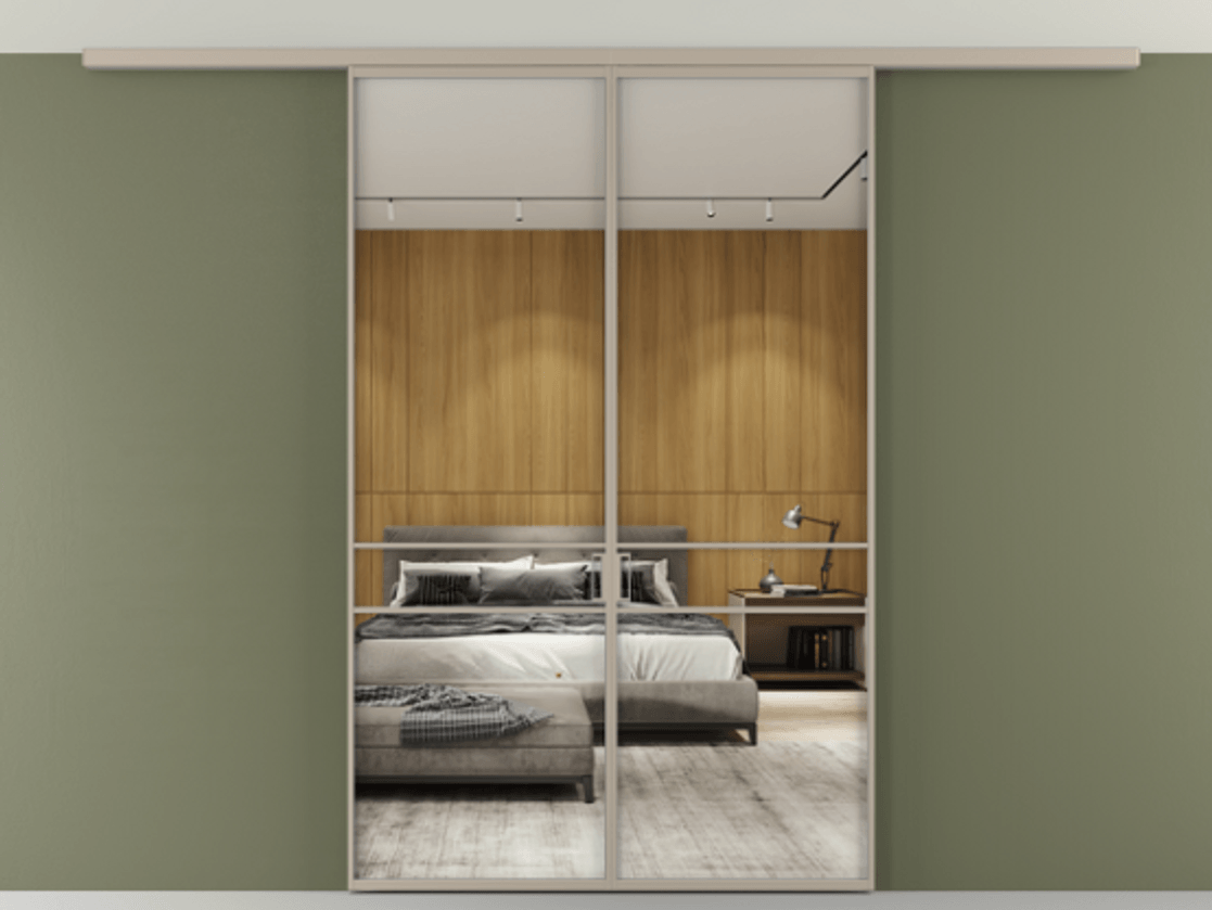 Перегородка Формато вдоль стены на потолок 2 створки АЛПР 040.02 Алюминий бисквитный Двустороннее зеркало, триплекс , триплекс 6 мм Цена 9730 AZE | Volhovec