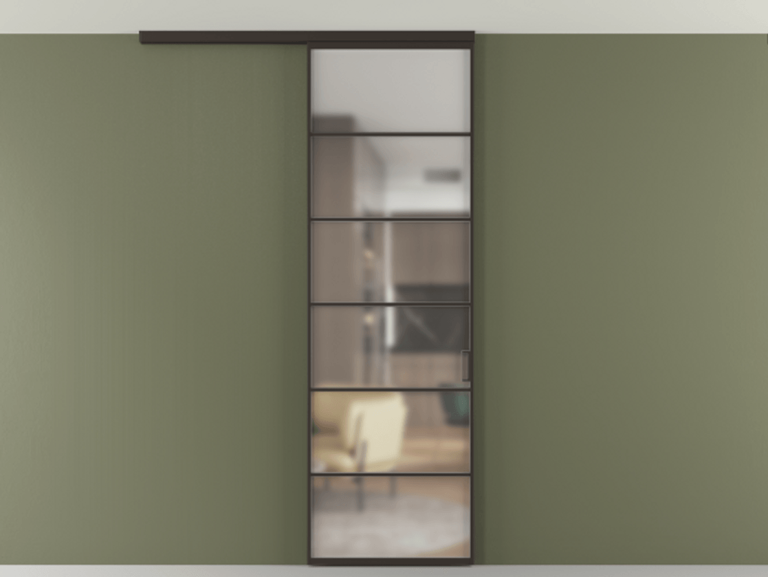 Перегородка Формато вдоль стены на потолок 1 створка АЛПР 040.04 Алюминий антрацит Сатинированное стекло "Мателюкс Кристал Вижн", калёное, матовое, каленое 6 мм Цена 6990 AZE | Volhovec