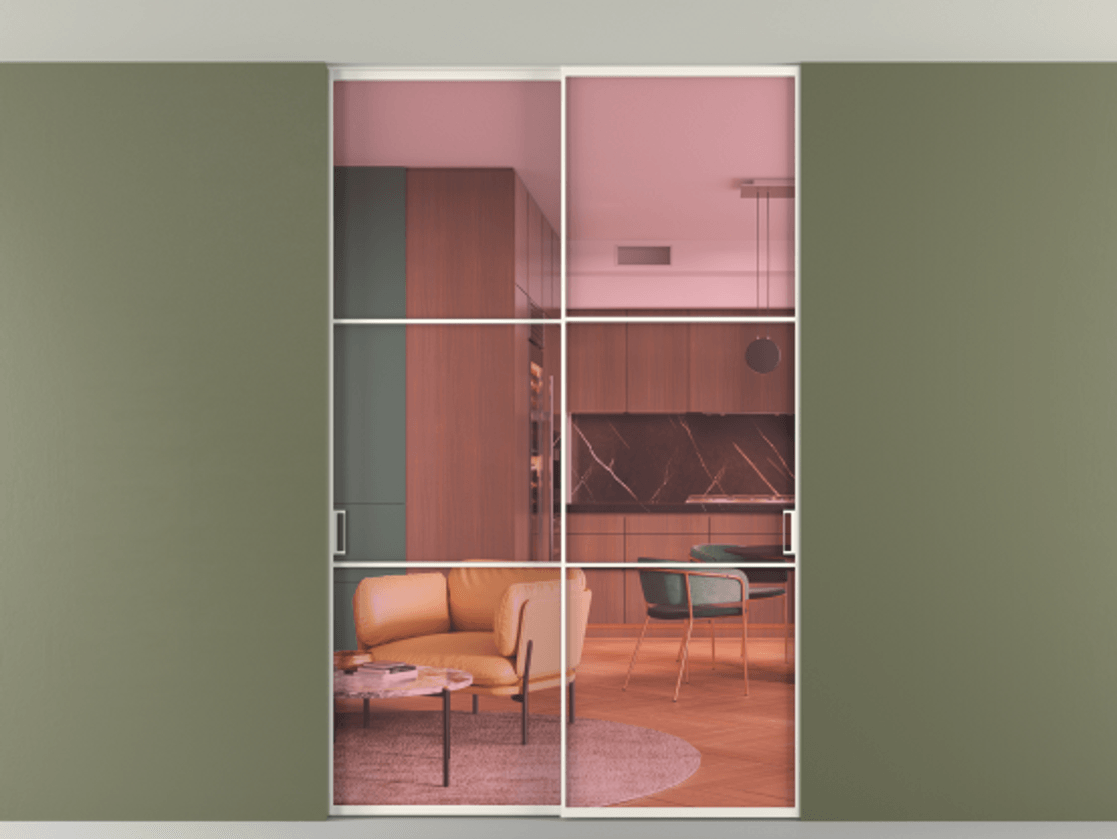 Перегородка Формато внутри проёма скрытое крепление в потолок 2 створки АЛПР 040.03 Алюминий пудровый белый Прозрачное розовое стекло, триплекс Цена 12900 AZE | Volhovec