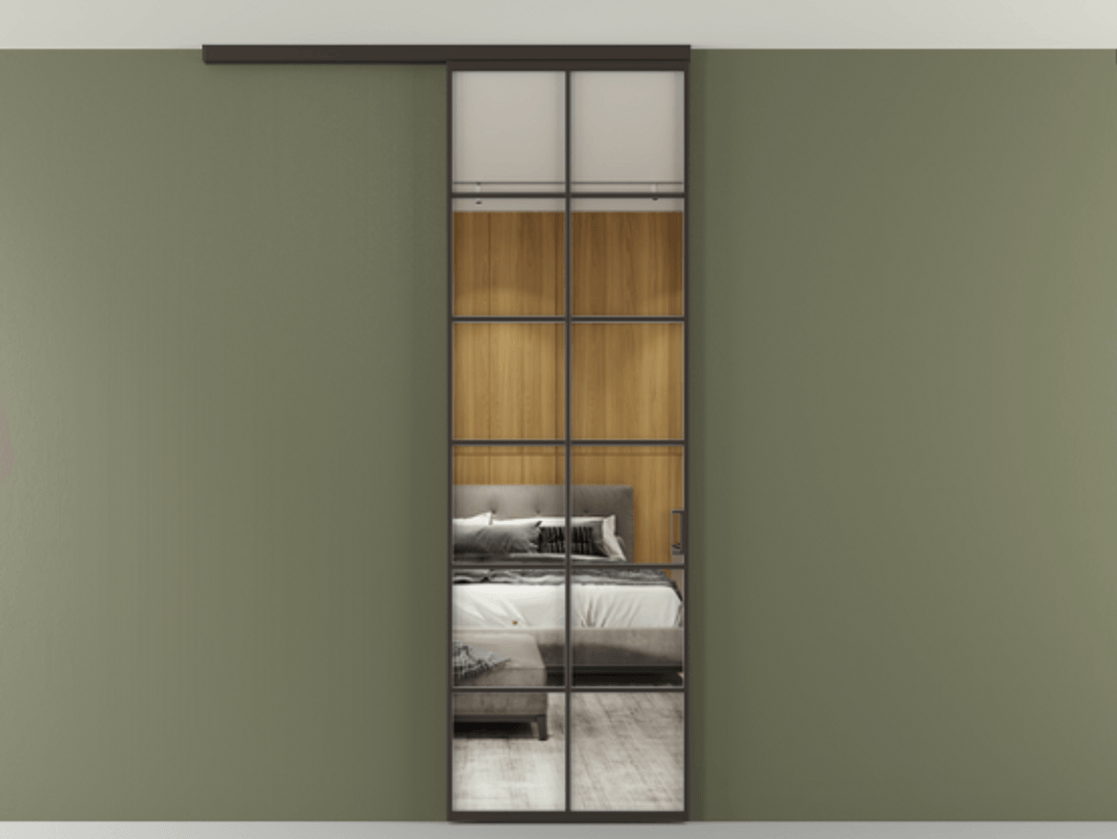 Перегородка Формато вдоль стены на потолок 1 створка АЛПР 040.05 Алюминий антрацит Двустороннее зеркало, триплекс , триплекс 6 мм Цена 5620 AZE | Volhovec