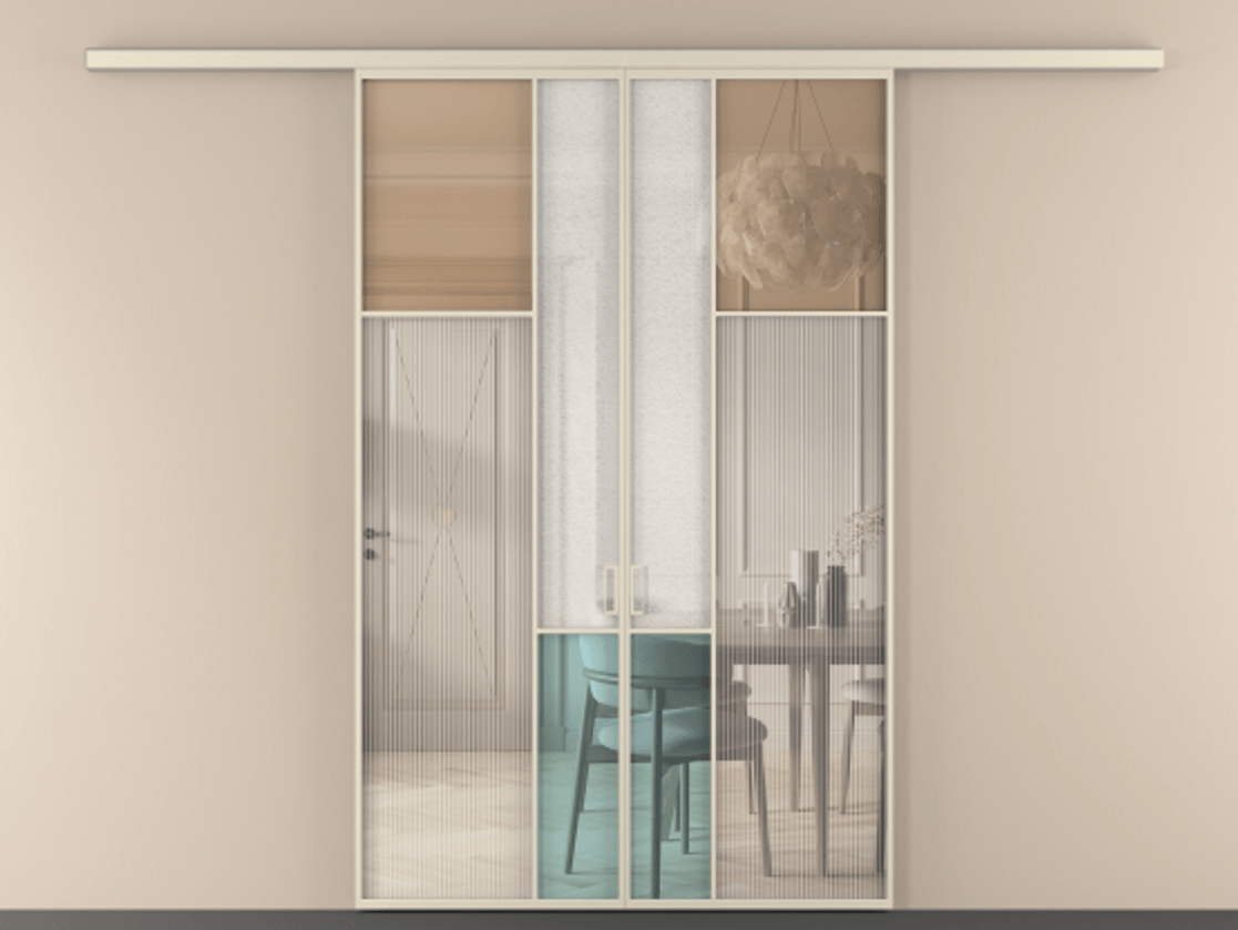 Перегородка Mosaic вдоль стены 2 створки АЛПР 041.11 Алюминий бежево-серый Комбинация стекол Группы 1 и Группы 3 Цена 14400 AZE | Volhovec