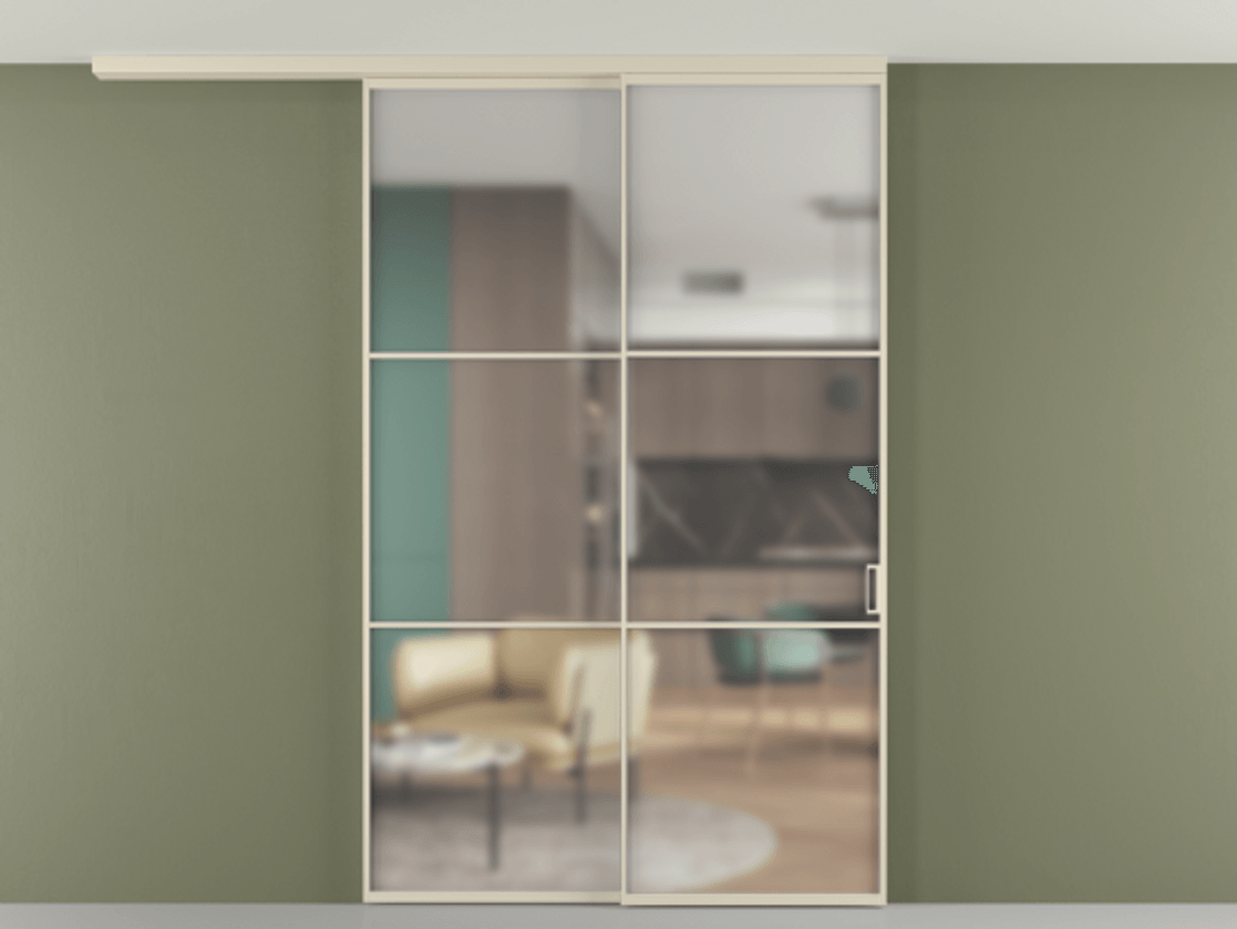 Перегородка Формато вдоль стены на потолок 2 створки с синхронным механизмом АЛПР 040.03 Алюминий бежево-серый Сатинированное стекло "Мателюкс Кристал Вижн", калёное, матовое, каленое 6 мм Цена 17050 AZE | Volhovec