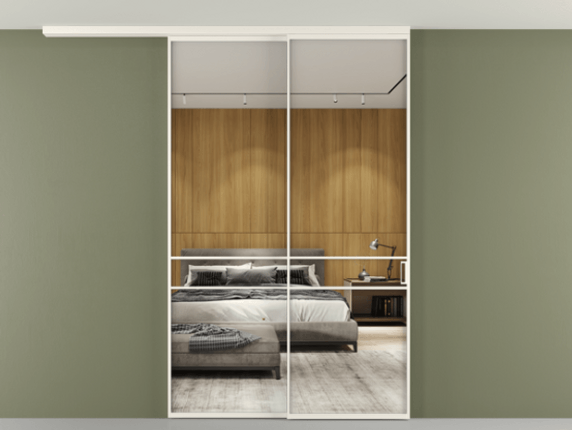 Перегородка Формато вдоль стены на потолок 2 створки с синхронным механизмом АЛПР 040.02 Алюминий пудровый белый Двустороннее зеркало, триплекс , триплекс 6 мм Цена 16210 AZE | Volhovec