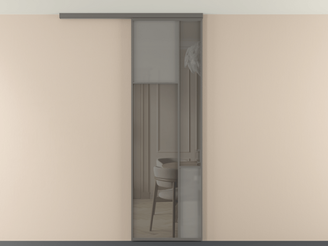 Перегородка Мозаик вдоль стены на потолок 1 створка АЛПР 041.10 Алюминий классический серый Сатинированное серое стекло, триплекс, 6 мм + Прозрачное серое стекло, триплекс Цена 7040 AZE | Volhovec