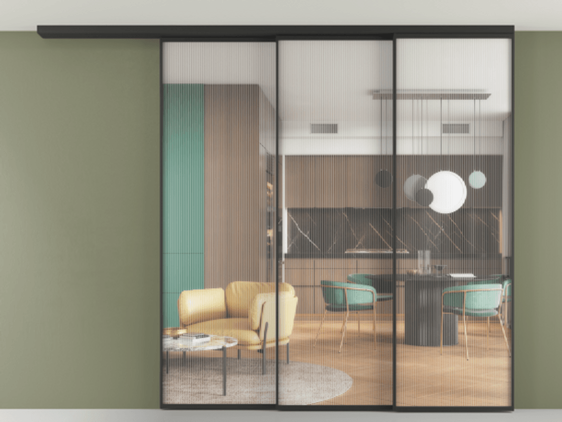 Перегородка Формато вдоль стены на потолок 3 створки с синхронным механизмом АЛПР 040.01 Алюминий Черный Рифлёное стекло "Мору", триплекс. Скрытый короб ЧЕР Цена 19960 AZE 1. Полотно 2 шт. (800/2100 мм)
2. Комплект установки раздвижной системы
3. Базовый комплект фурнитуры
4.Ручка Рондо. Фабрика дверей Волховец 8 (800) 551 43 19 Перегородка Формато вдоль стены на потолок 3 створки с синхронным механизмом АЛПР 040.01 Алюминий Черный Рифлёное стекло "Мору", триплекс Цена 19960 AZE | Volhovec