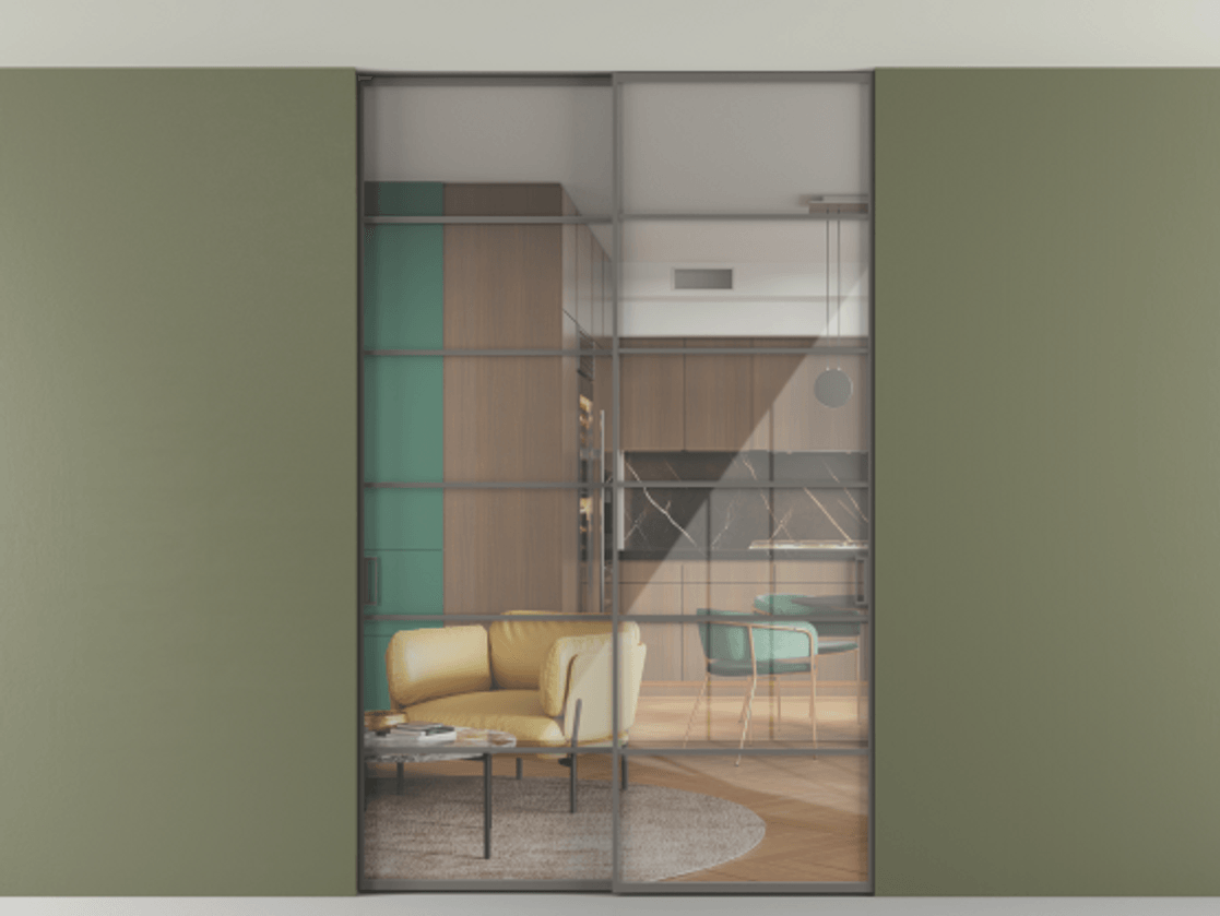 Перегородка Формато внутри проёма скрытое крепление в потолок 2 створки АЛПР 040.04 Алюминий классический серый Рефлективное прозрачное стекло "Стопсол", калёное Цена 16820 AZE | Volhovec