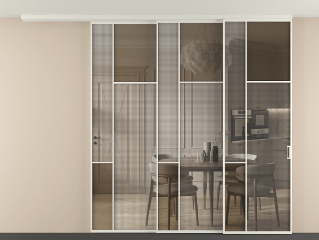 Перегородка Mosaic вдоль стены телескопик синхро-3 АЛПР 041.11 Алюминий Белый Mesh silver + Бронза прозрачное триплекс Цена 22550 AZE | Volhovec