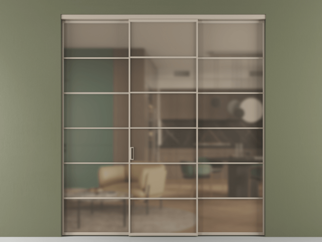 Перегородка Формато внутри проёма 3 створки АЛПР 040.04 Алюминий бисквитный Сатинированное бронзовое стекло, триплекс Цена 254825 ₽ | Volhovec