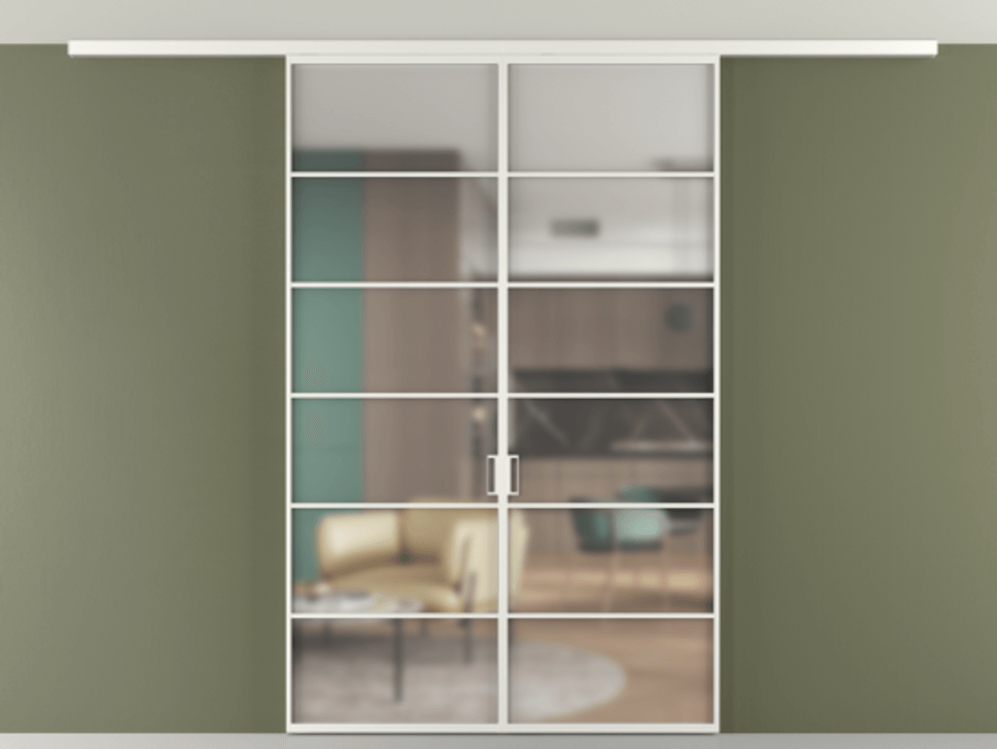 Перегородка Формато вдоль стены на потолок 2 створки АЛПР 040.04 Алюминий светло-серый Сатинированное стекло "Мателюкс Кристал Вижн", калёное, матовое, каленое 6 мм Цена 13610 AZE | Volhovec