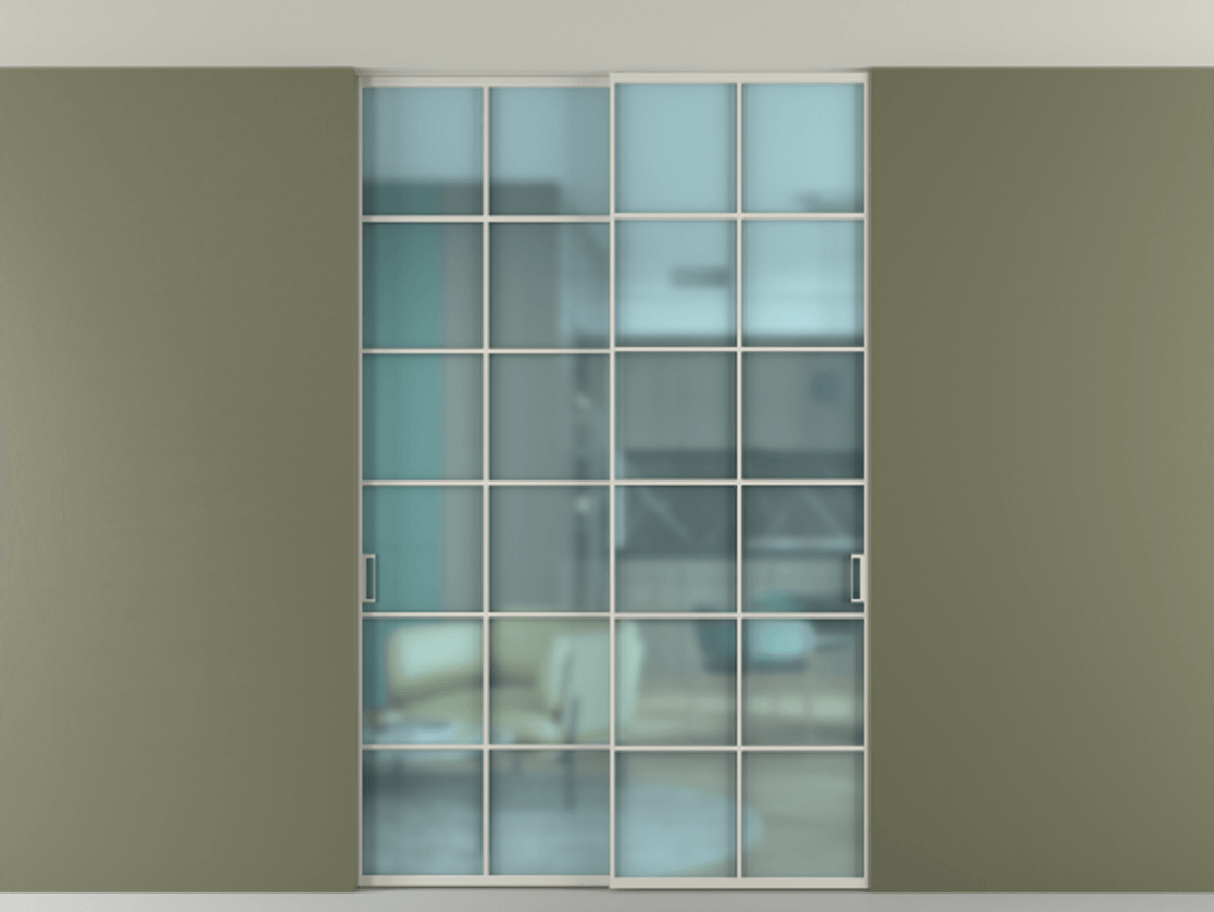 Перегородка Формато внутри проёма скрытое крепление в потолок 2 створки АЛПР 040.05 Алюминий тёплый серый Сатинированное голубое стекло, триплекс Цена 261085 ₽ | Volhovec