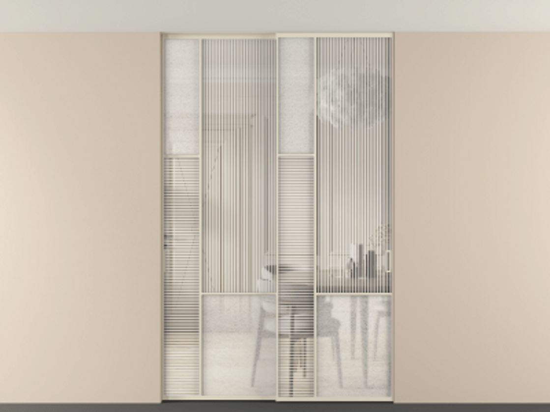 Перегородка Мозаик внутри проёма скрытое крепление в потолок 2 створки АЛПР 041.13 Алюминий бежево-серый Рифлёное стекло "Дюна", триплекс, 6 мм + Фактурное стекло "Лёд", триплекс Цена 17750 AZE | Volhovec