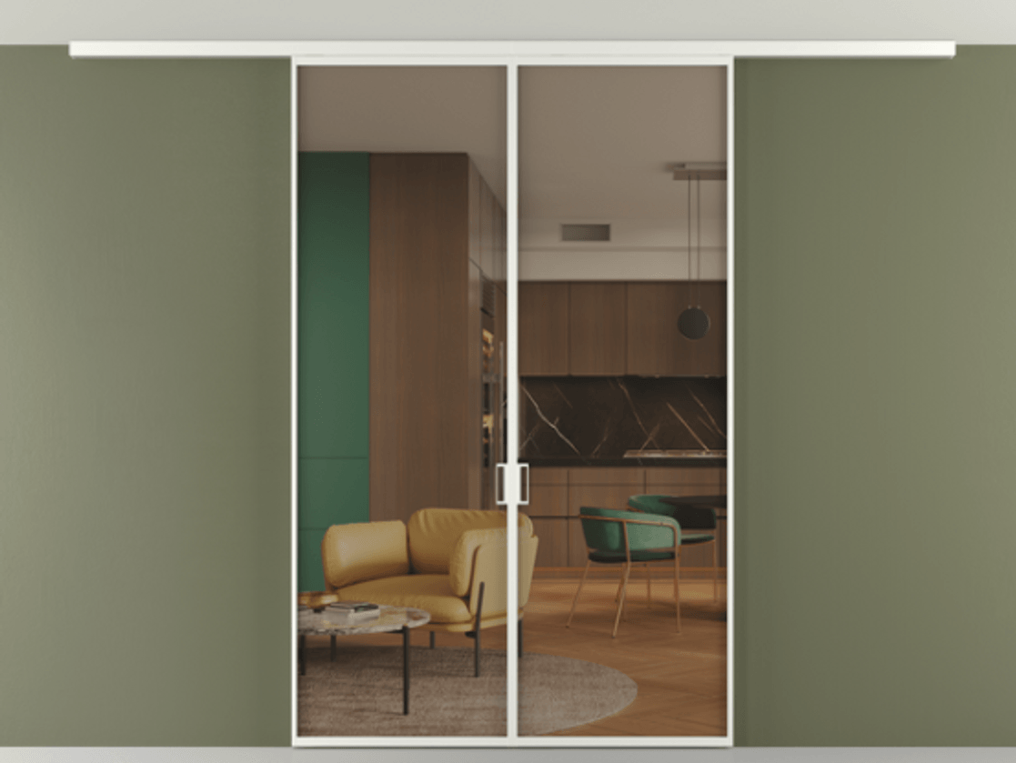 Перегородка Формато вдоль стены на потолок 2 створки АЛПР 040.01 Алюминий светло-серый Прозрачное бронзовое стекло, триплекс Цена 11260 AZE | Volhovec