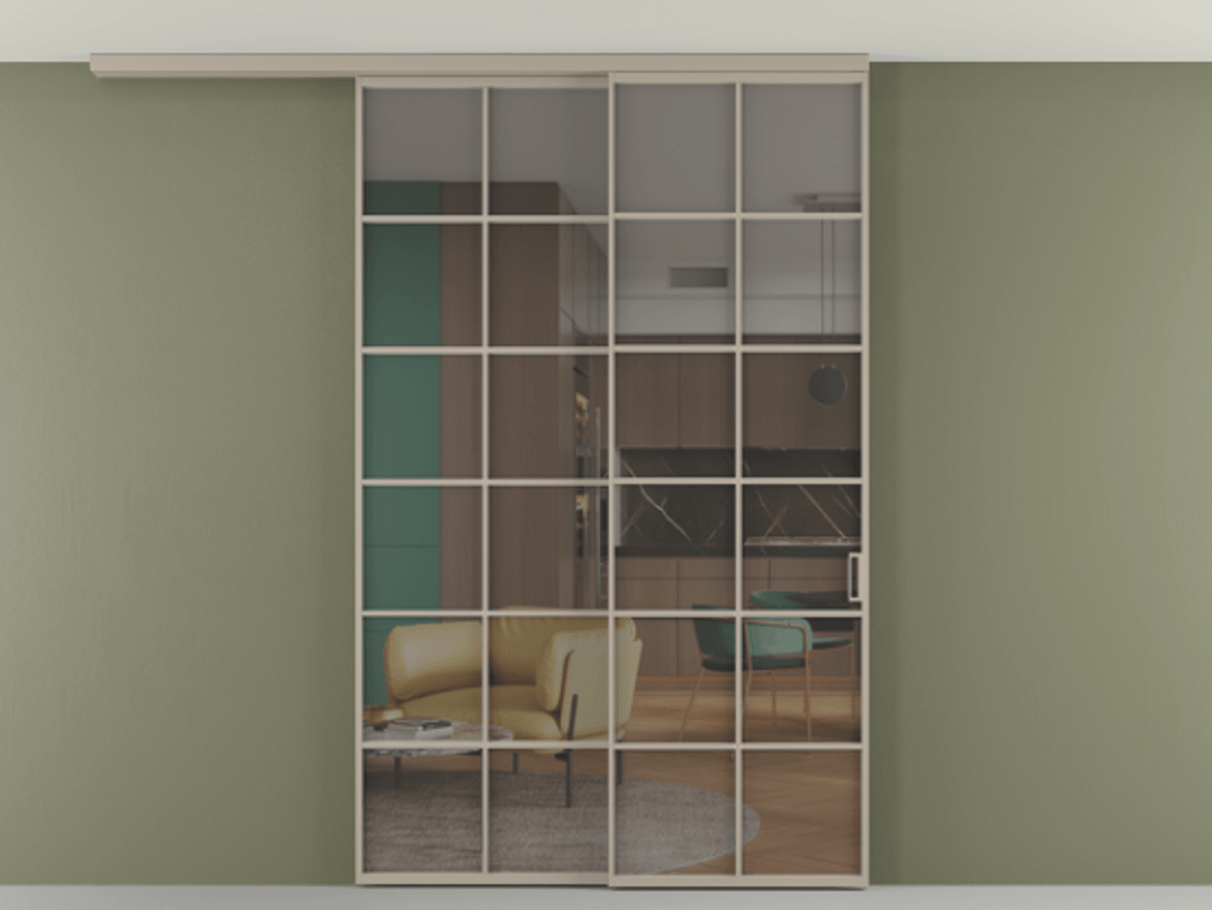 Перегородка Формато вдоль стены на потолок 2 створки с синхронным механизмом АЛПР 040.05 Алюминий бисквитный Прозрачное серое стекло, триплекс Цена 15210 AZE | Volhovec