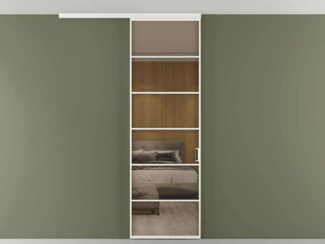 Перегородка Формато вдоль стены на потолок 1 створка АЛПР 040.04 Алюминий светло-серый Рефлективное бронзовое стекло "Стопсол", калёное Цена 6990 AZE | Volhovec