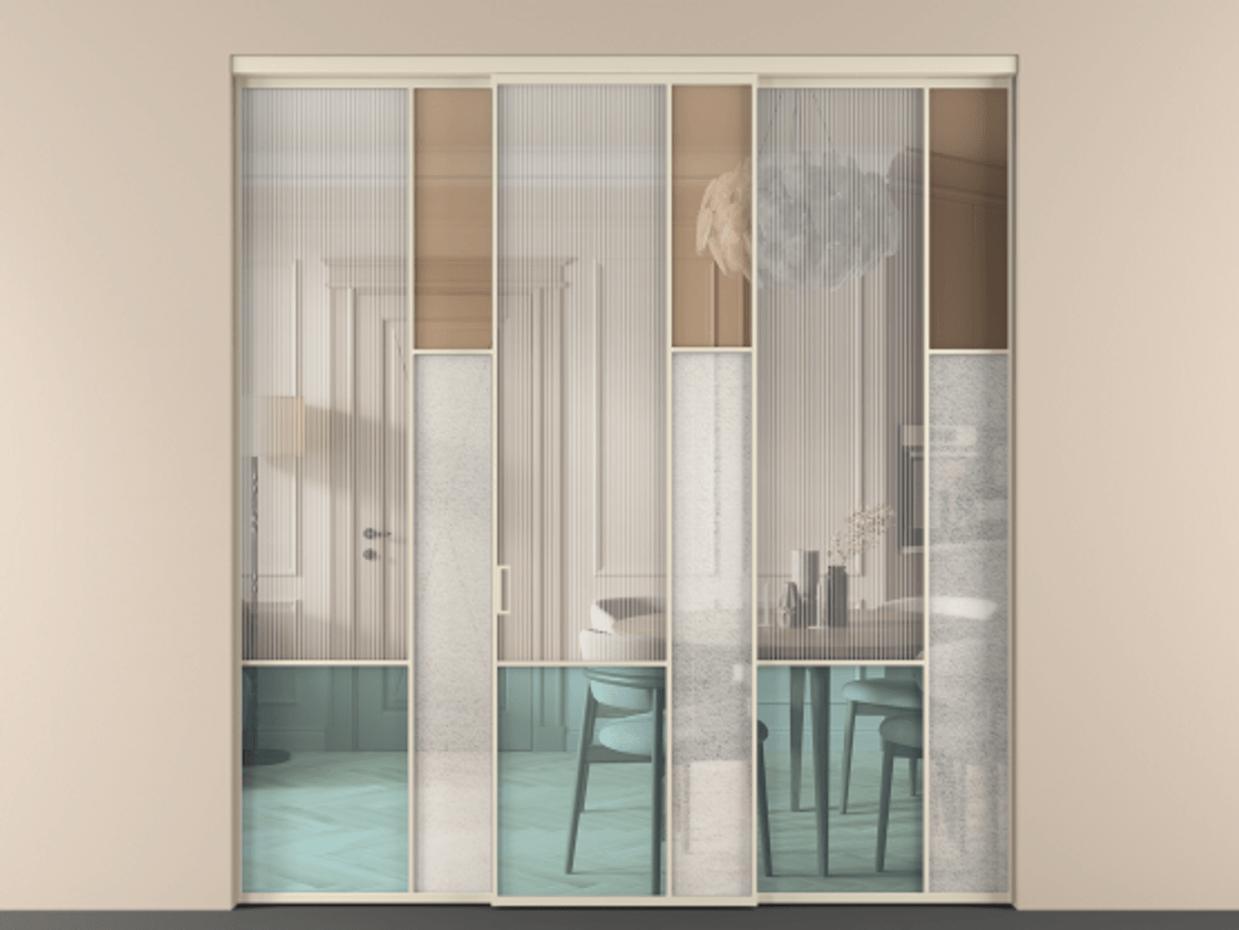 Перегородка Mosaic внутри проёма 3 створки АЛПР 041.12 Алюминий бежево-серый Комбинация стекол Группы 1 и Группы 3 Цена 18700 AZE | Volhovec