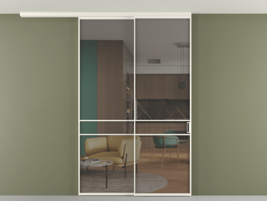 Перегородка Формато вдоль стены на потолок 2 створки с синхронным механизмом АЛПР 040.02 Алюминий пудровый белый Прозрачное серое стекло, триплекс Цена 16210 AZE | Volhovec