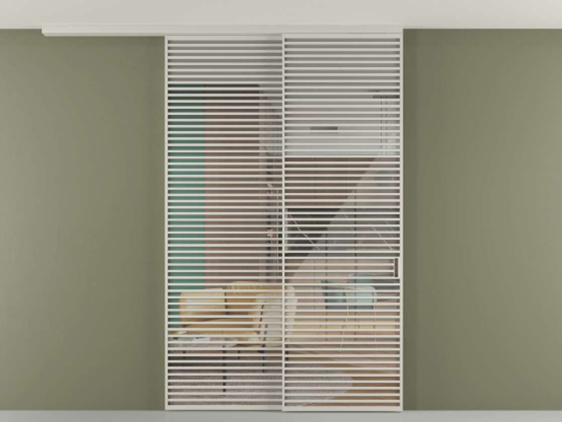 Перегородка Формато вдоль стены на потолок 2 створки с синхронным механизмом АЛПР 040.07 Алюминий тёплый серый Рефлективное прозрачное стекло "Стопсол", калёное Цена 28280 AZE | Volhovec