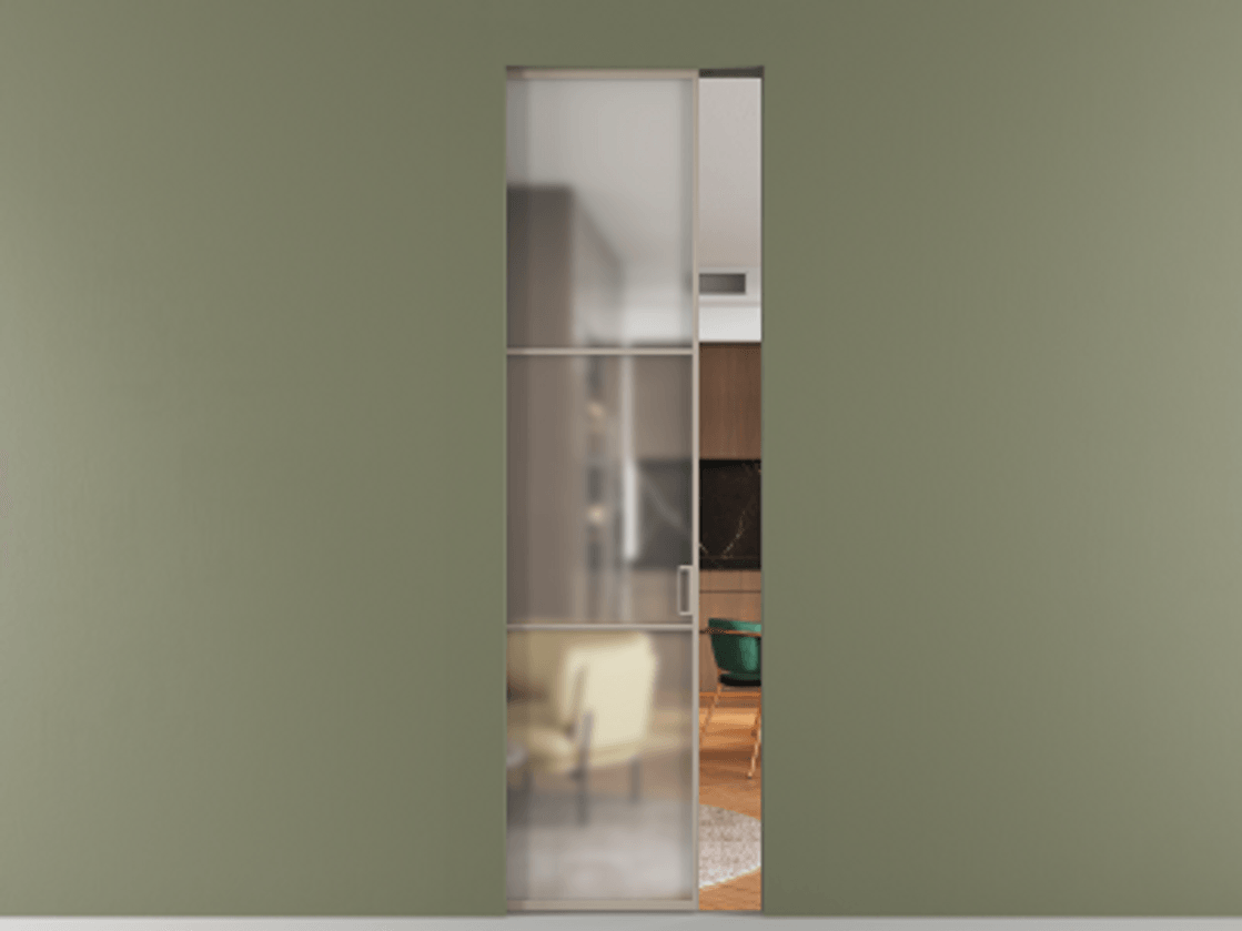 Перегородка Формато скрытый пенал 1 створка АЛПР 040.03 Алюминий бисквитный Сатинированное стекло "Мателюкс Кристал Вижн", калёное, матовое, каленое 6 мм Цена 8430 AZE | Volhovec