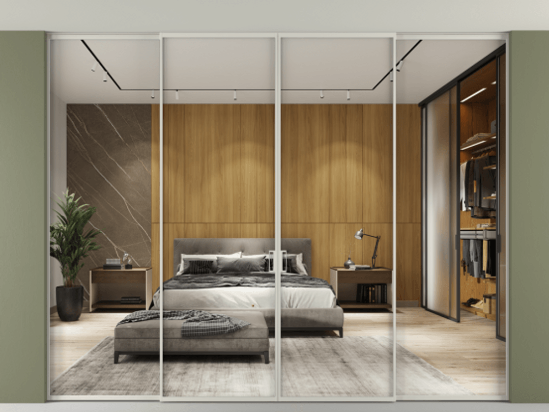 Перегородка Формато внутри проёма скрытое крепление в потолок 4 створки АЛПР 040.01 Алюминий тёплый серый Двустороннее зеркало, триплекс , триплекс 6 мм Цена 22030 AZE | Volhovec