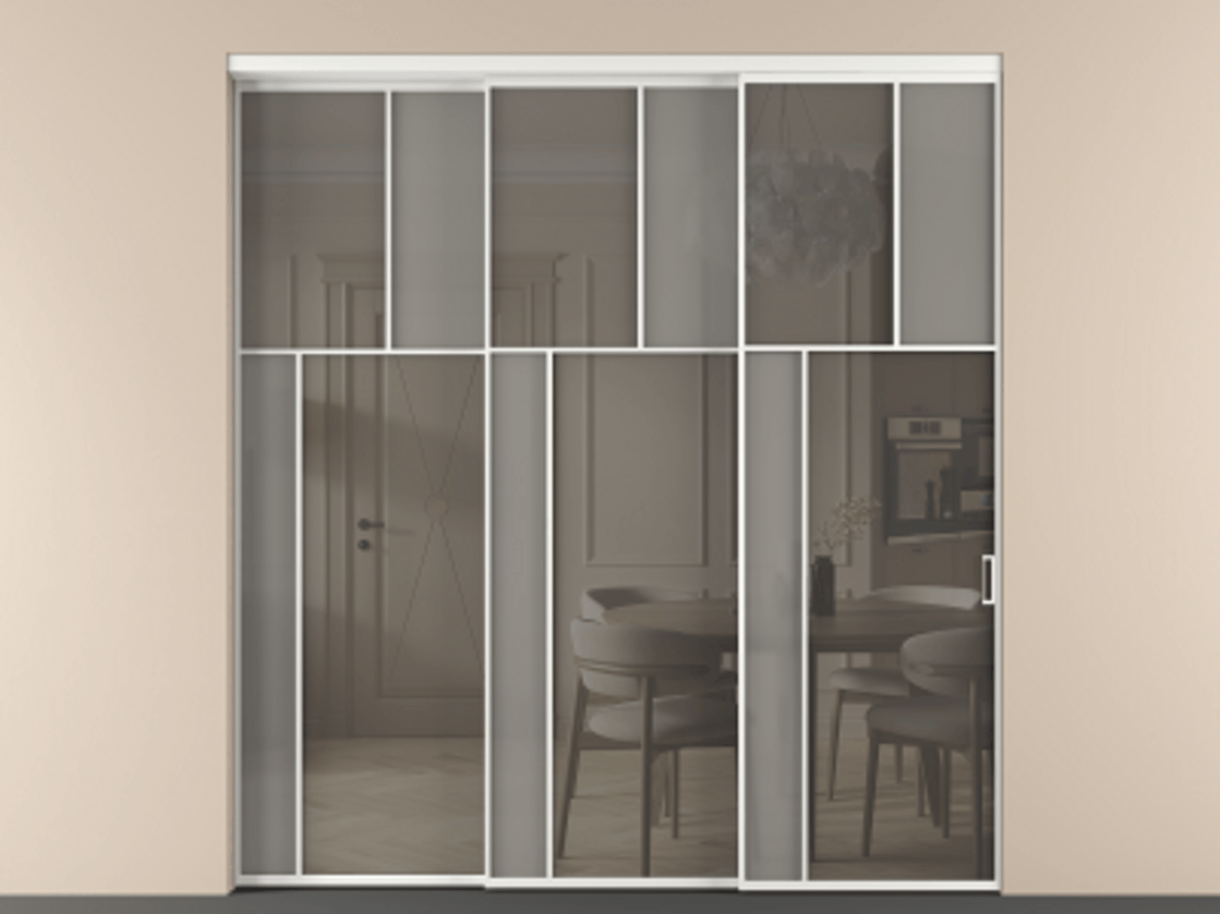 Перегородка Мозаик внутри проёма 3 створки с синхронным механизмом АЛПР 041.22 Алюминий белоснежный Сатинированное серое стекло, триплекс, 6 мм + Прозрачное серое стекло, триплекс Цена 22800 AZE | Volhovec