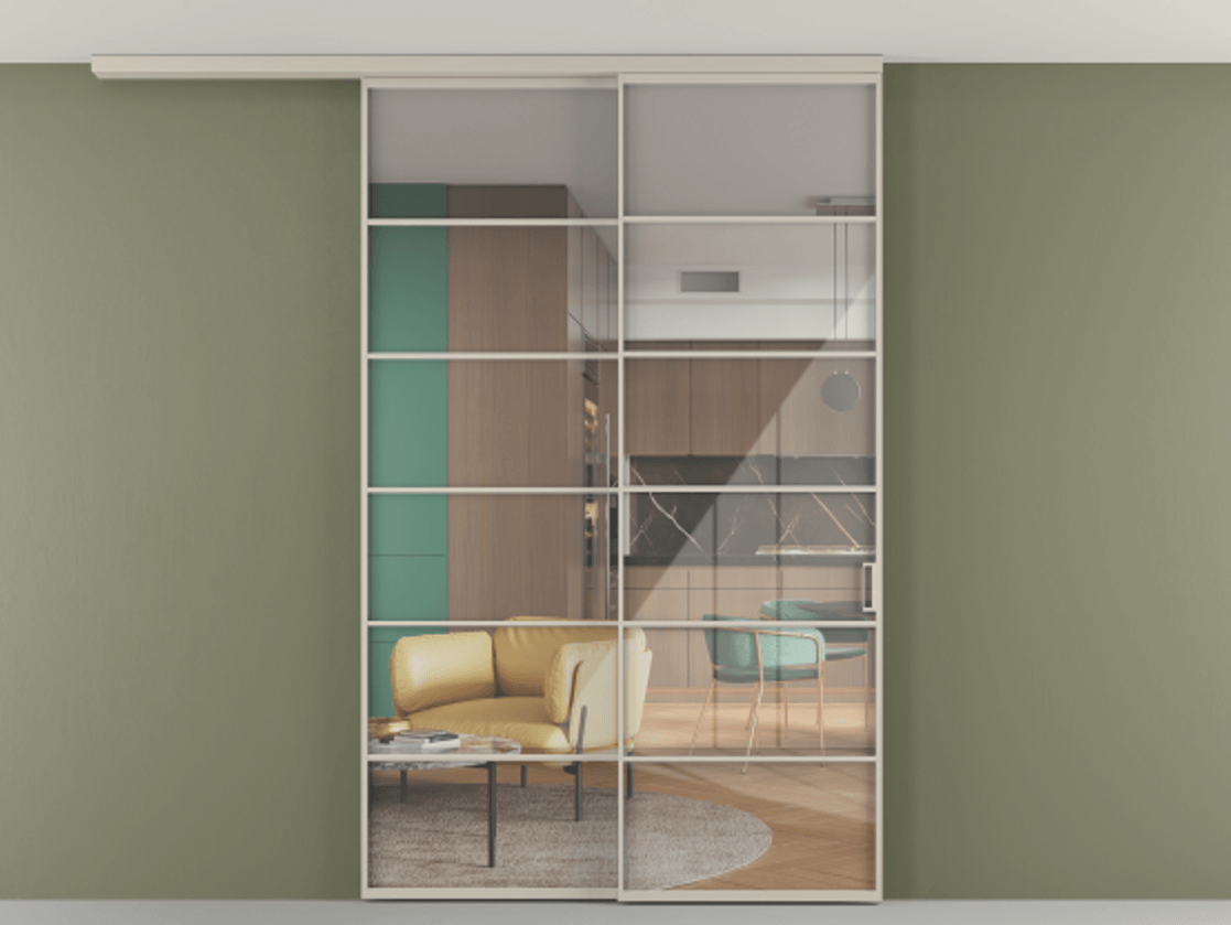 Перегородка Формато вдоль стены на потолок 2 створки с синхронным механизмом АЛПР 040.04 Алюминий светло-бежевый Рефлективное прозрачное стекло "Стопсол", калёное Цена 15870 AZE | Volhovec