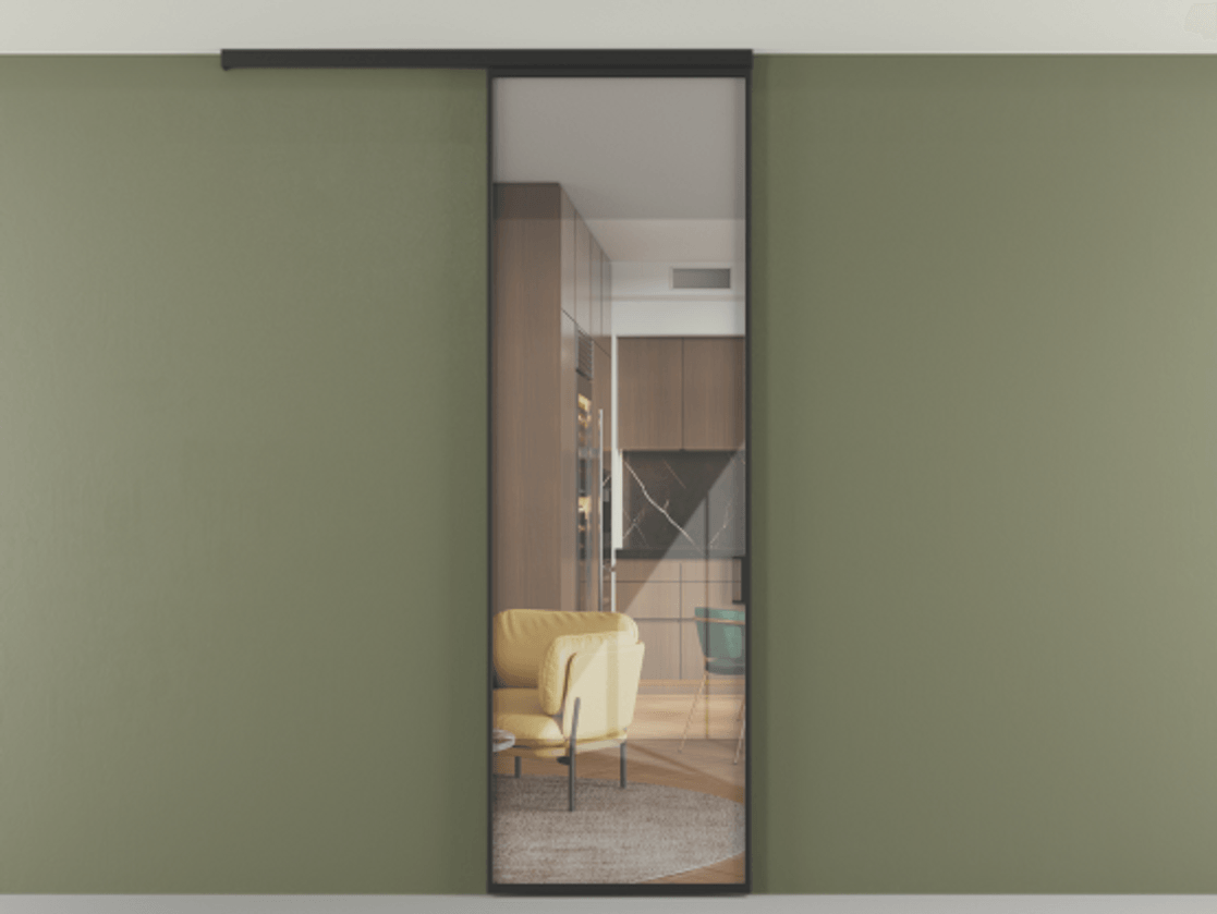 Перегородка Formato вдоль стены на потолок 1 створка АЛПР 040.01 Алюминий Черный Рефлективное прозрачное стекло "Stopsol", калёное Цена 6000 AZE | Volhovec